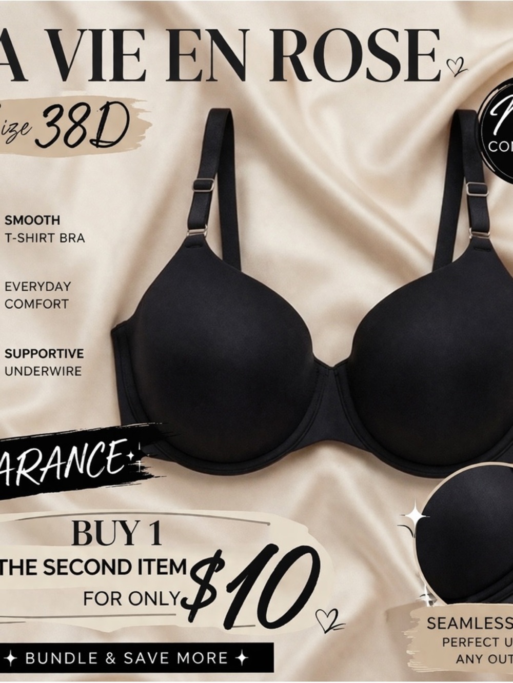 La Vie en Rose Black T-Shirt Bra 38D Smooth Cup Underwire NEW